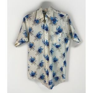 Vintage K-Mart Men's M Ivory Blue Floral Short Sleeve Polyester Button Up Shirt
